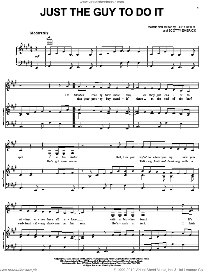 Just The Guy To Do It sheet music for voice, piano or guitar by Toby Keith and Scotty Emerick, intermediate skill level