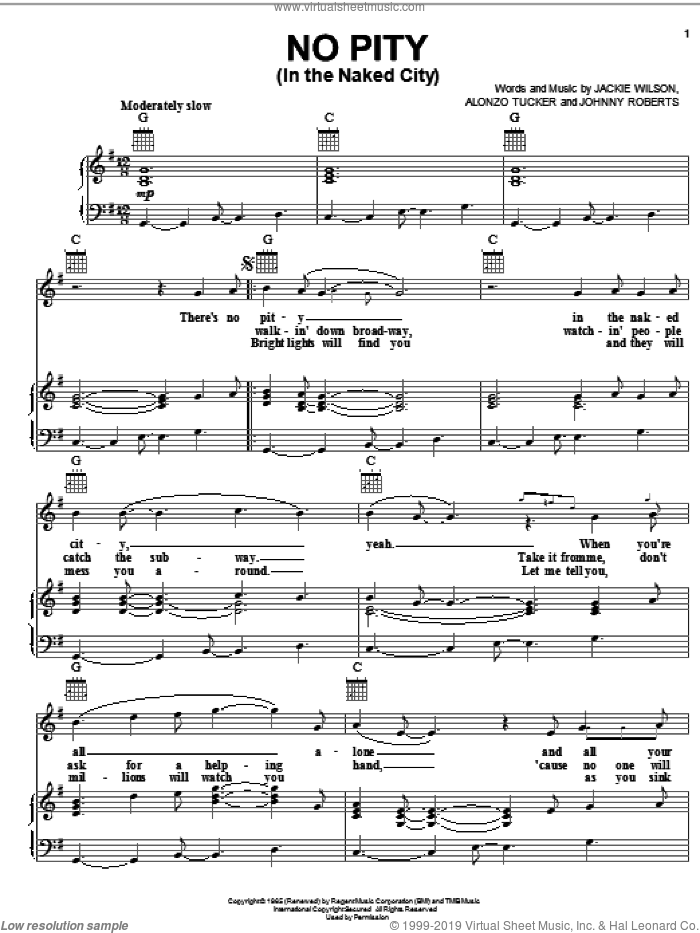 No Pity (In The Naked City) sheet music for voice, piano or guitar by Jackie Wilson, Alonzo Tucker and J. Roberts, intermediate skill level