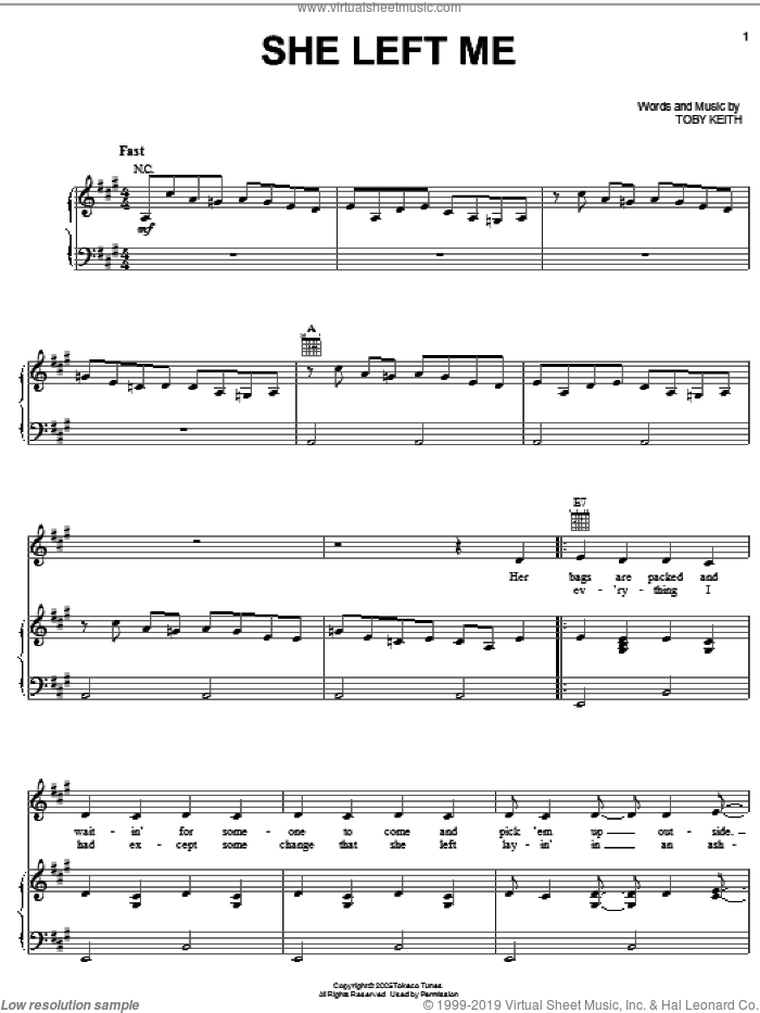 She Left Me sheet music for voice, piano or guitar by Toby Keith, intermediate skill level