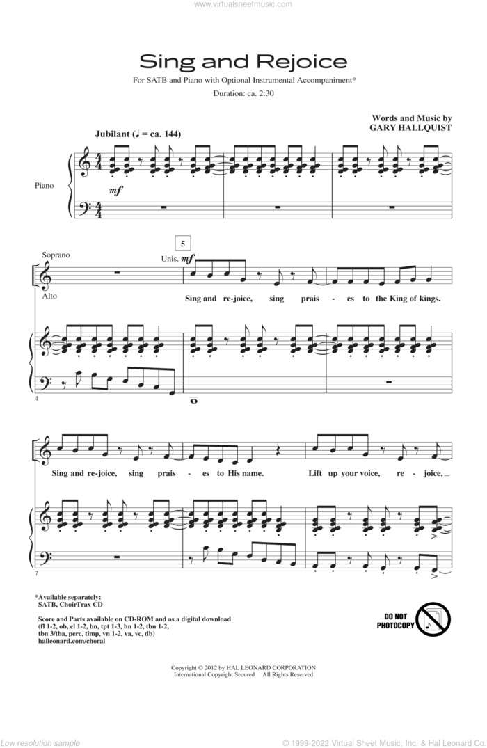 Sing And Rejoice sheet music for choir (SATB: soprano, alto, tenor, bass) by Gary Hallquist, intermediate skill level