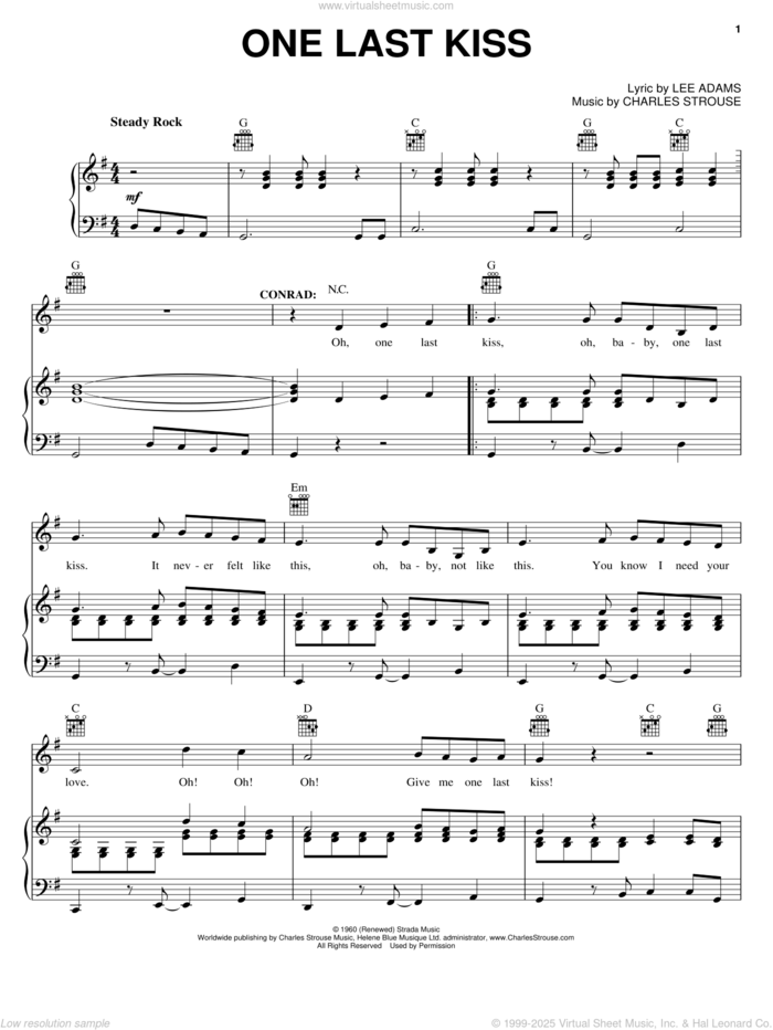 One Last Kiss sheet music for voice, piano or guitar by Charles Strouse, Bye Bye Birdie (Musical) and Lee Adams, intermediate skill level