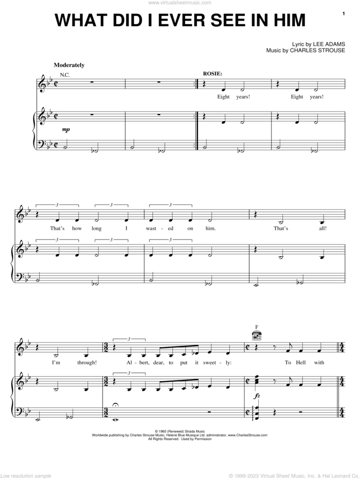 What Did I Ever See In Him (from Bye Bye Birdie) sheet music for voice, piano or guitar by Charles Strouse, Bye Bye Birdie (Musical) and Lee Adams, intermediate skill level