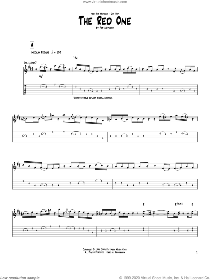 The Red One sheet music for guitar (tablature) by Pat Metheny, intermediate skill level