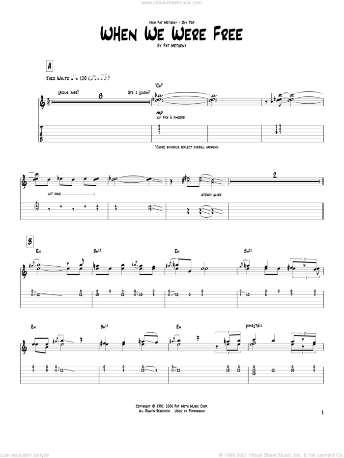 When We Were Free sheet music for guitar (tablature) by Pat Metheny, intermediate skill level