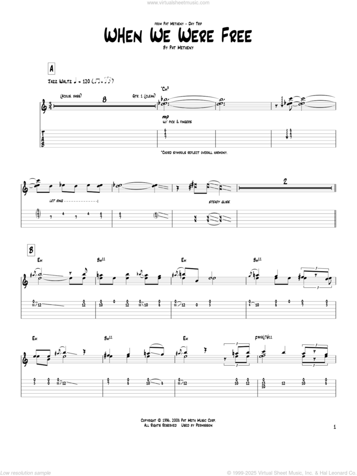 When We Were Free sheet music for guitar (tablature) by Pat Metheny, intermediate skill level