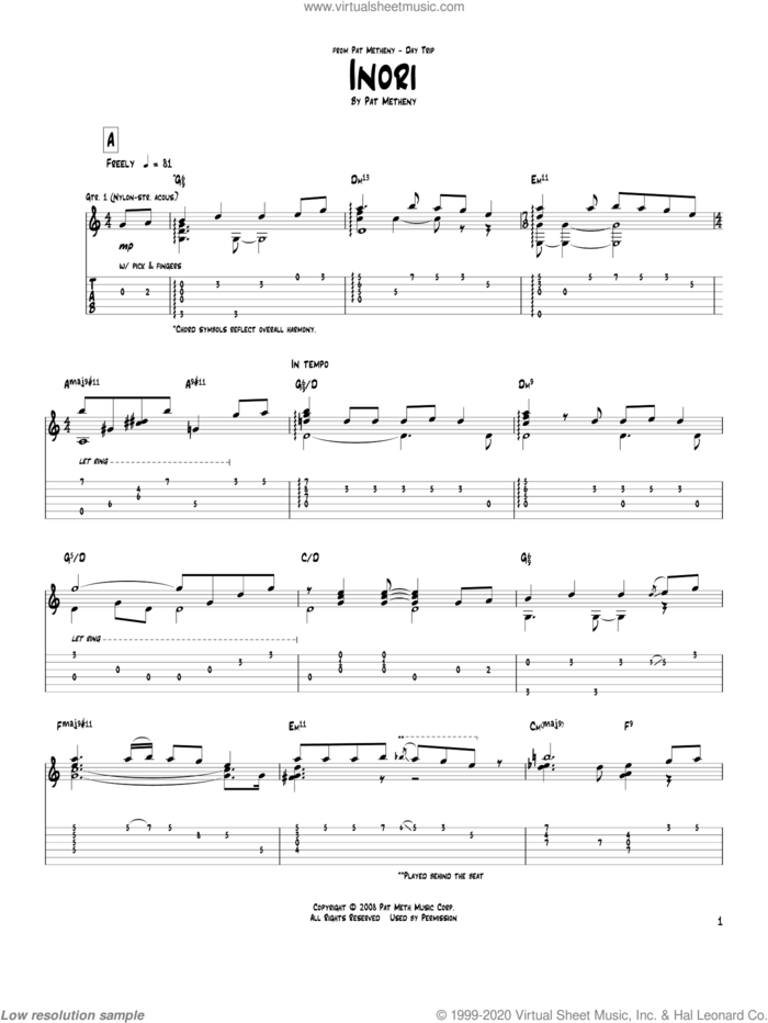 Inori sheet music for guitar (tablature) by Pat Metheny, intermediate skill level