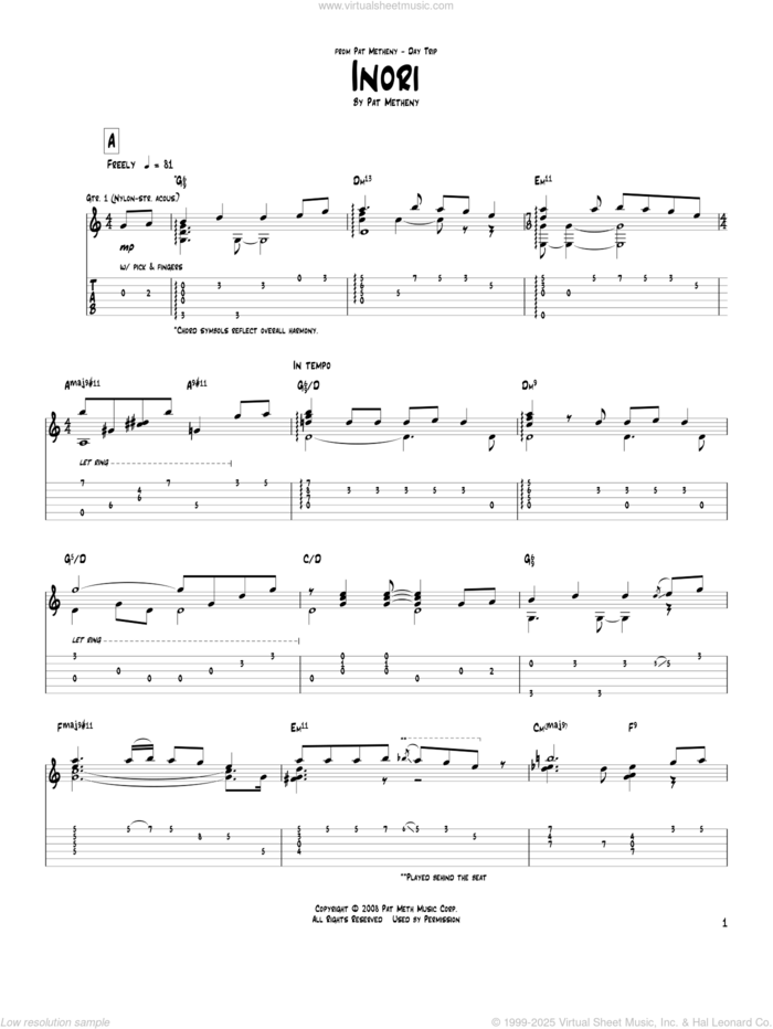 Inori sheet music for guitar (tablature) by Pat Metheny, intermediate skill level