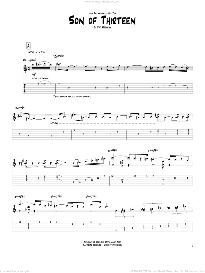 Son Of Thirteen sheet music for guitar (tablature) by Pat Metheny, intermediate skill level
