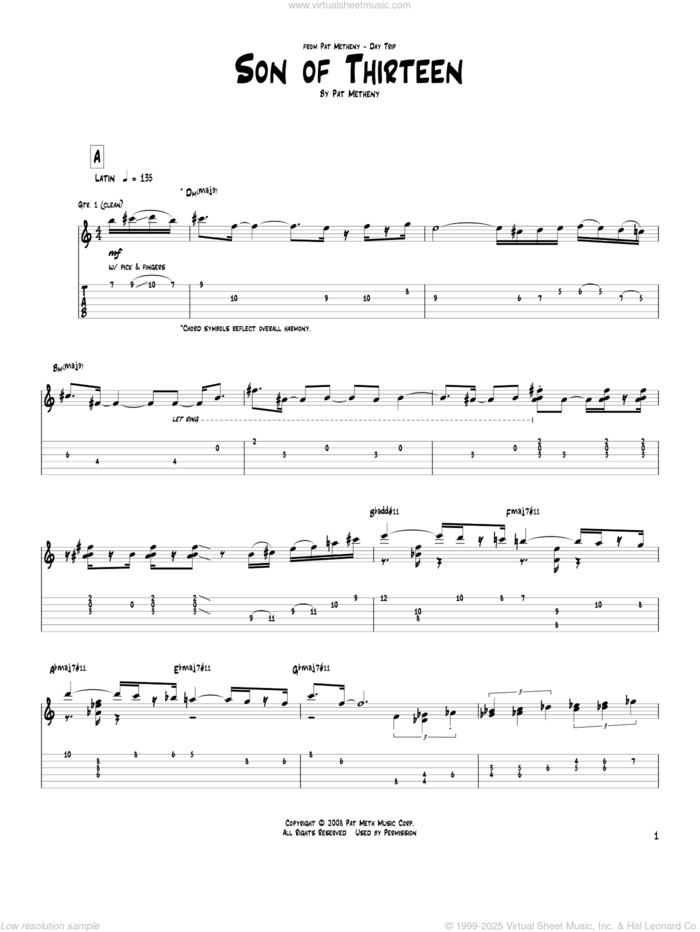 Son Of Thirteen sheet music for guitar (tablature) by Pat Metheny, intermediate skill level