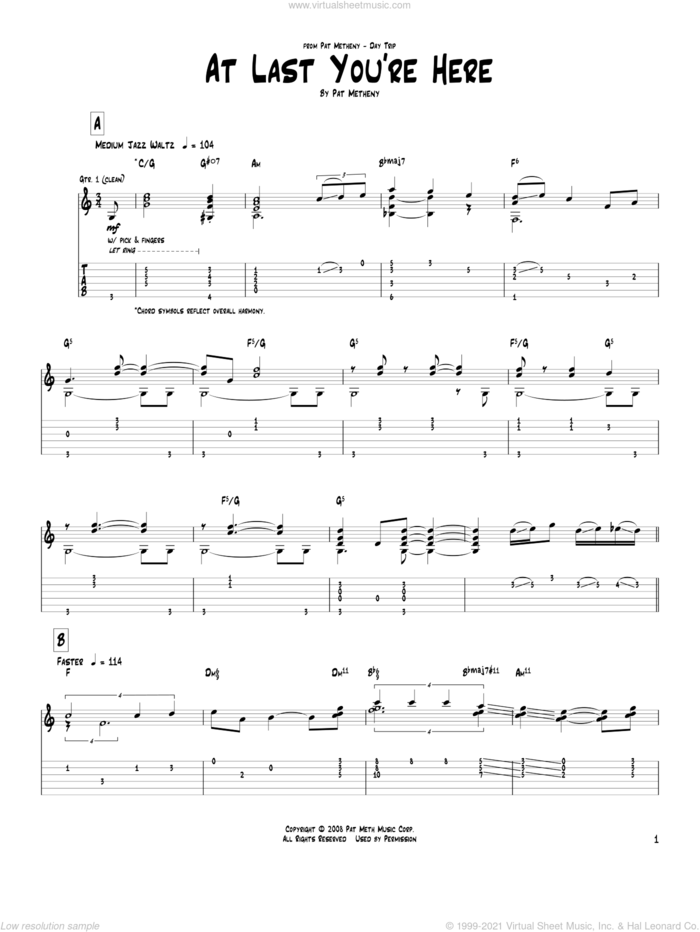 At Last You're Here sheet music for guitar (tablature) by Pat Metheny, intermediate skill level