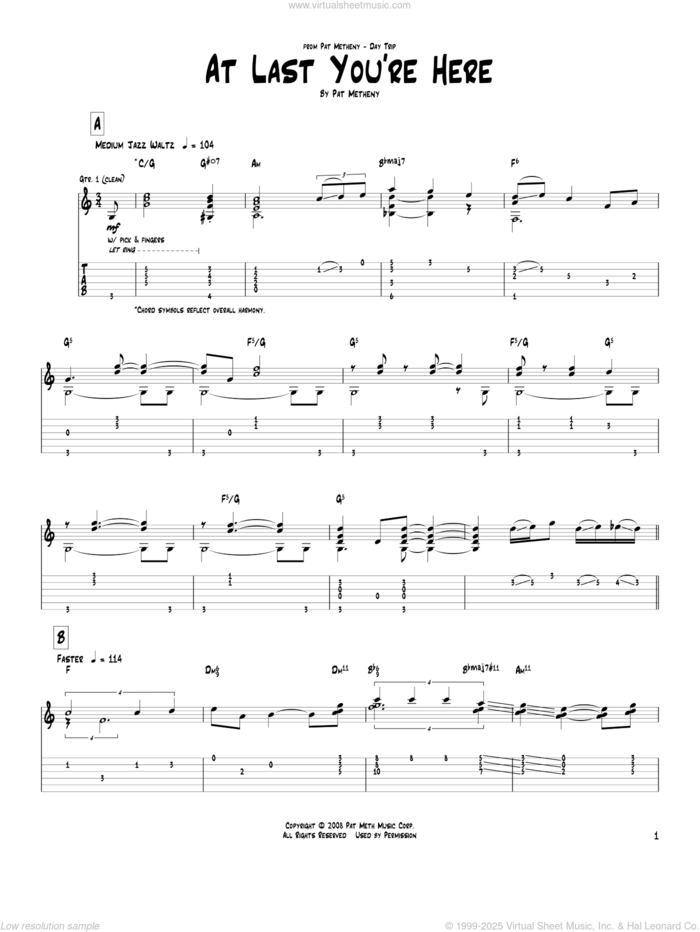 At Last You're Here sheet music for guitar (tablature) by Pat Metheny, intermediate skill level