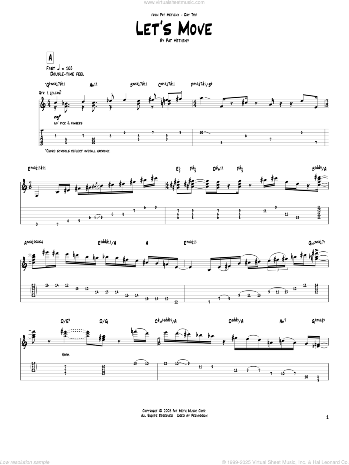 Let's Move sheet music for guitar (tablature) by Pat Metheny, intermediate skill level