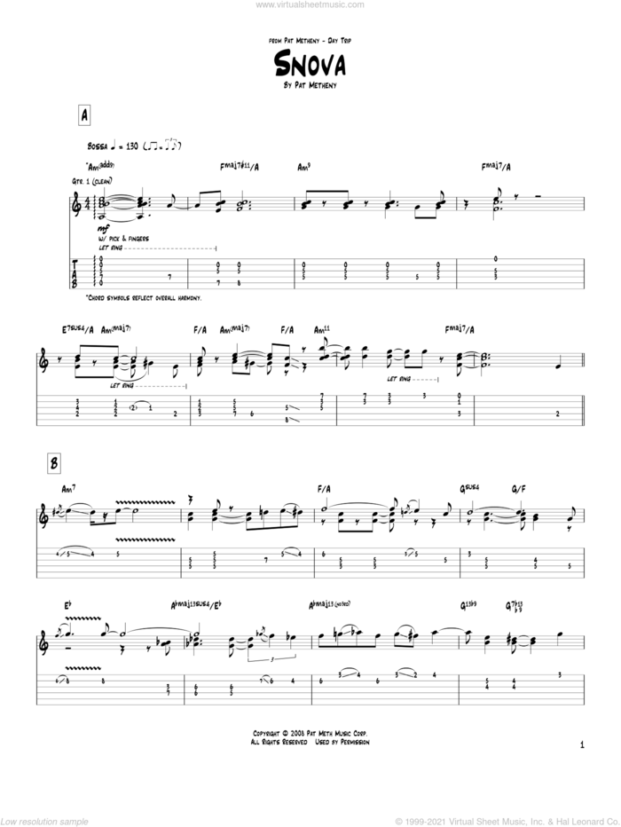 Snova sheet music for guitar (tablature) by Pat Metheny, intermediate skill level