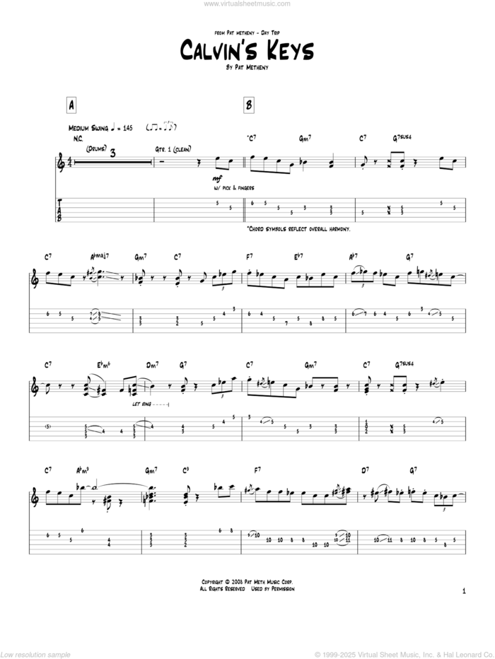 Calvin's Keys sheet music for guitar (tablature) by Pat Metheny, intermediate skill level