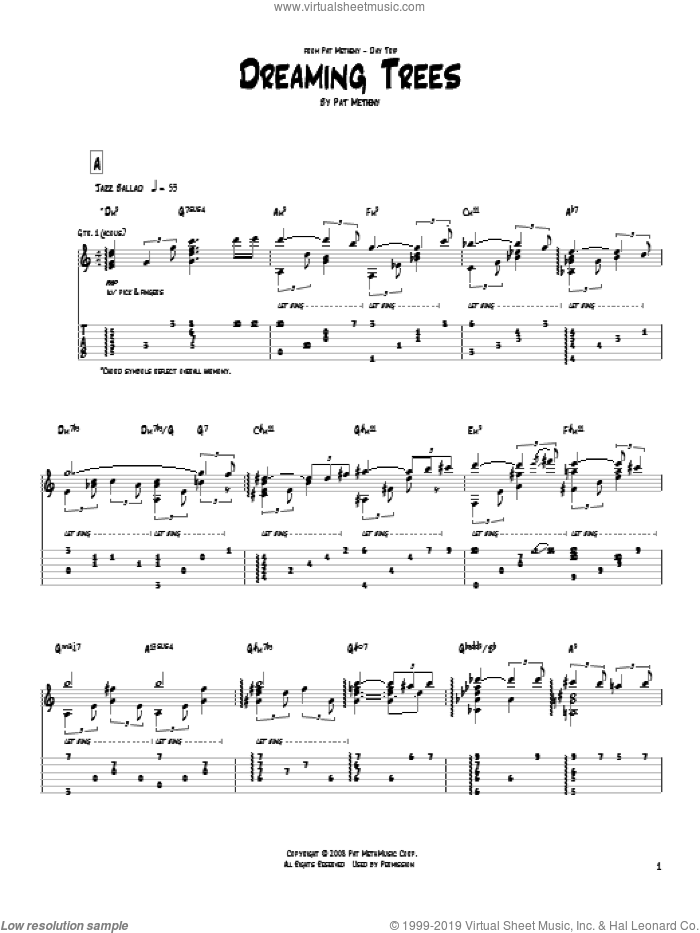 Dreaming Trees sheet music for guitar (tablature) by Pat Metheny, intermediate skill level