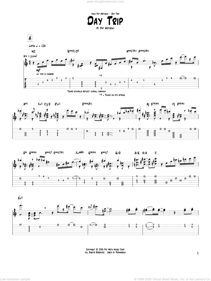 Day Trip sheet music for guitar (tablature) by Pat Metheny, intermediate skill level