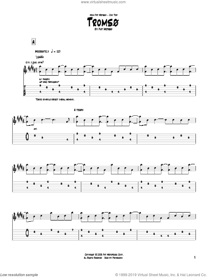Tromso sheet music for guitar (tablature) by Pat Metheny, intermediate skill level