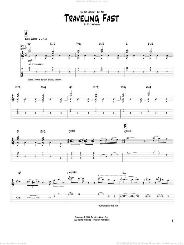 Traveling Fast sheet music for guitar (tablature) by Pat Metheny, intermediate skill level