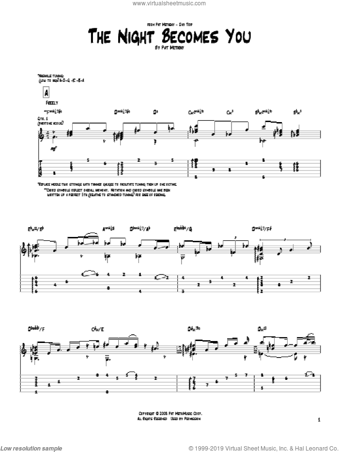 The Night Becomes You sheet music for guitar (tablature) by Pat Metheny, intermediate skill level