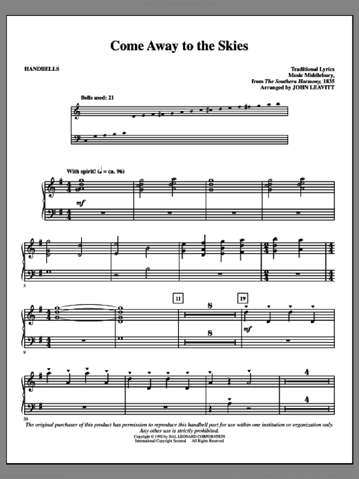 Come Away To The Skies sheet music for handbells by John Leavitt, intermediate skill level