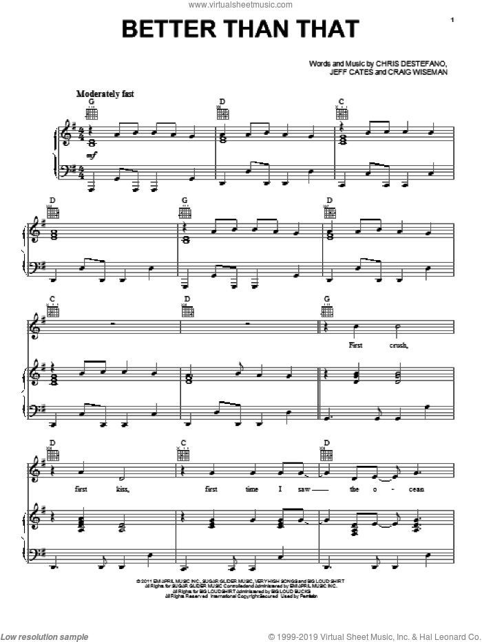 Better Than That sheet music for voice, piano or guitar by Scotty McCreery, Chris Destefano, Craig Wiseman and Jeff Cates, intermediate skill level