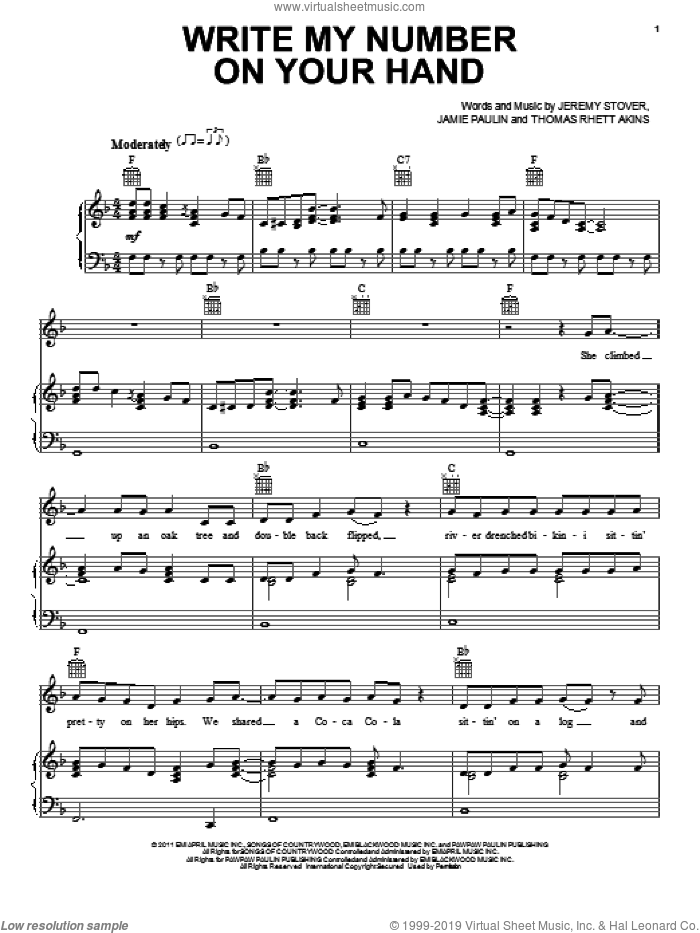 Write My Number On Your Hand sheet music for voice, piano or guitar by Scotty McCreery, Jamie Paulin, Jeremy Stover and Thomas Rhett Akins, intermediate skill level