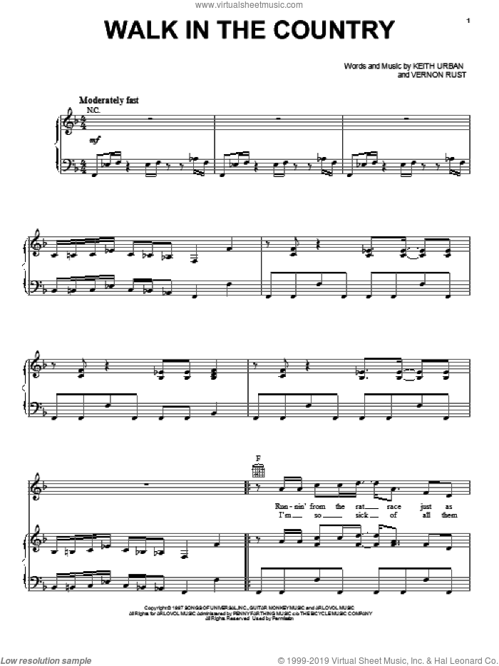 Walk In The Country sheet music for voice, piano or guitar by Scotty McCreery, Keith Urban and Vernon Rust, intermediate skill level
