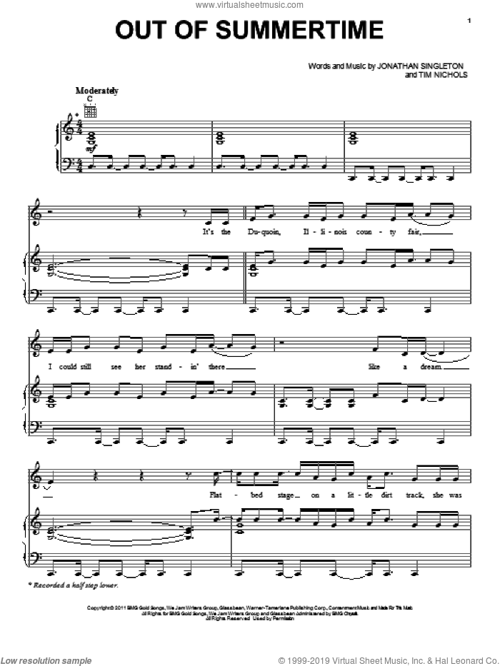 Out Of Summertime sheet music for voice, piano or guitar by Scotty McCreery, Jonathan Singleton and Tim Nichols, intermediate skill level