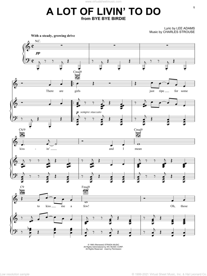 A Lot Of Livin' To Do sheet music for voice, piano or guitar by Charles Strouse, Bye Bye Birdie (Musical) and Lee Adams, intermediate skill level