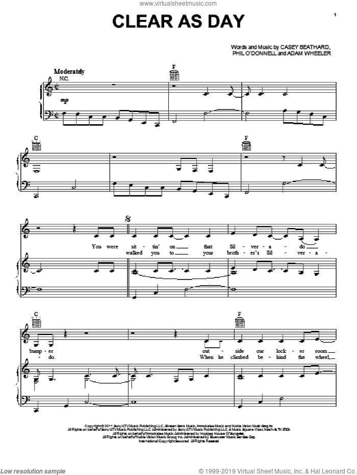 Clear As Day sheet music for voice, piano or guitar by Scotty McCreery, Adam Wheeler and Casey Beathard, intermediate skill level