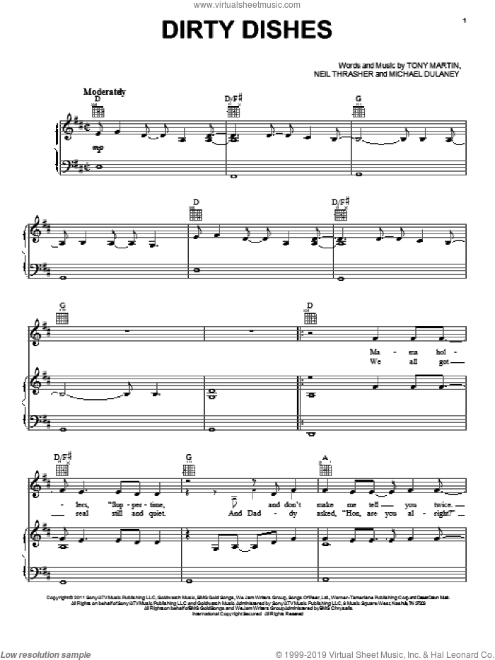 Dirty Dishes sheet music for voice, piano or guitar by Scotty McCreery, Michael Dulaney, Neil Thrasher and Tony Martin, intermediate skill level