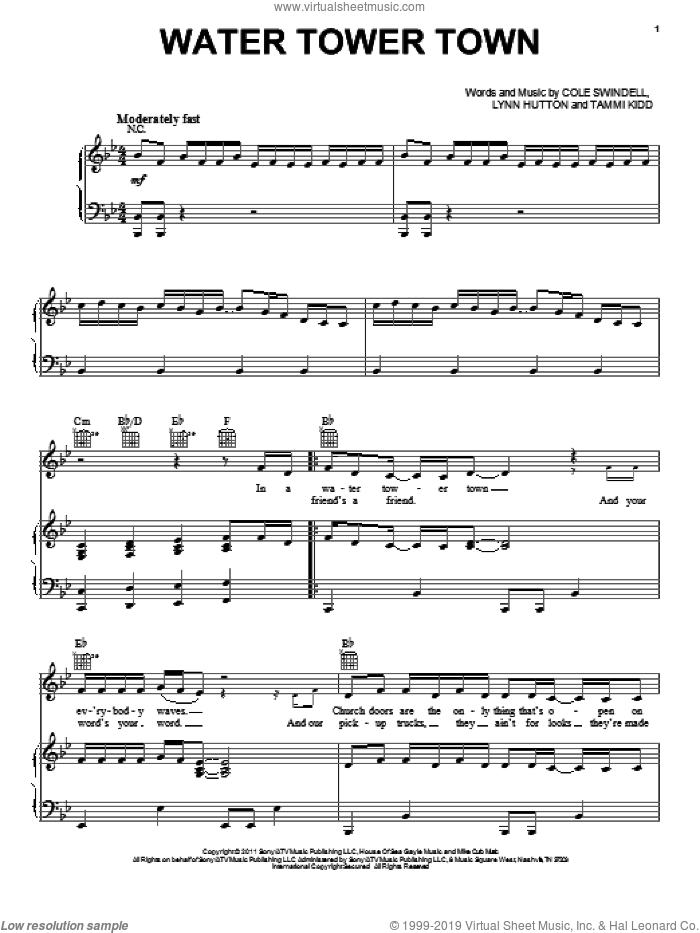 Water Tower Town sheet music for voice, piano or guitar by Scotty McCreery, Cole Swindell, Lynn Hutton and Tammi Kidd, intermediate skill level