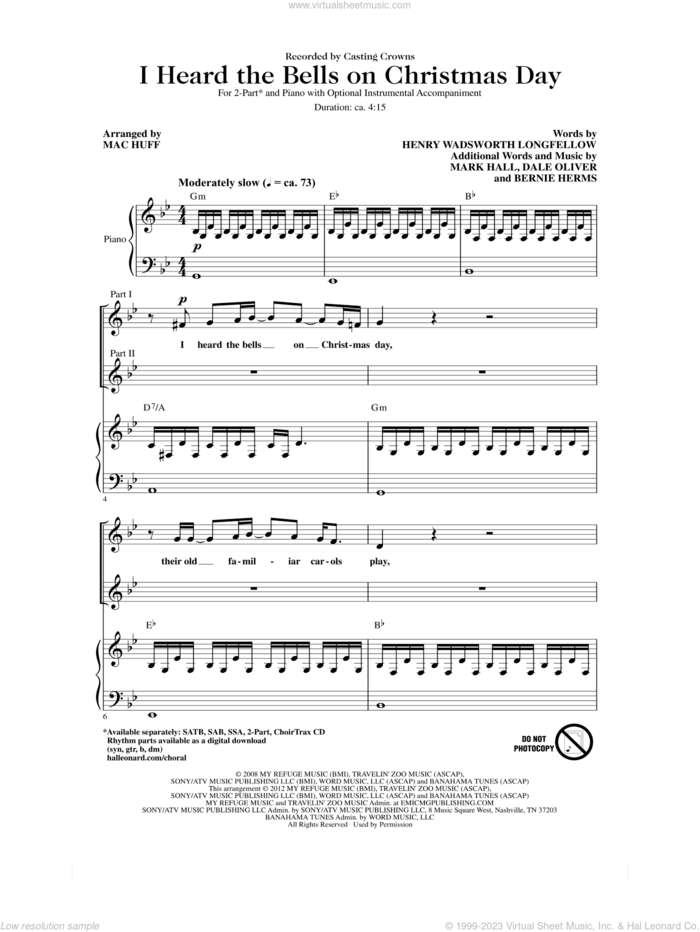 I Heard The Bells On Christmas Day sheet music for choir (2-Part) by Mac Huff, Bernie Herms, Dale Oliver, Mark Hall, Casting Crowns and Henry Wadsworth Longfellow, intermediate duet