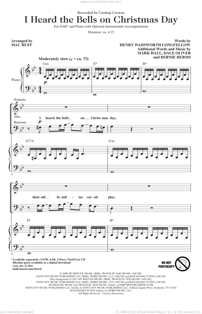 I Heard The Bells On Christmas Day sheet music for choir (SAB: soprano, alto, bass) by Mac Huff, Bernie Herms, Dale Oliver, Mark Hall, Casting Crowns and Henry Wadsworth Longfellow, intermediate skill level