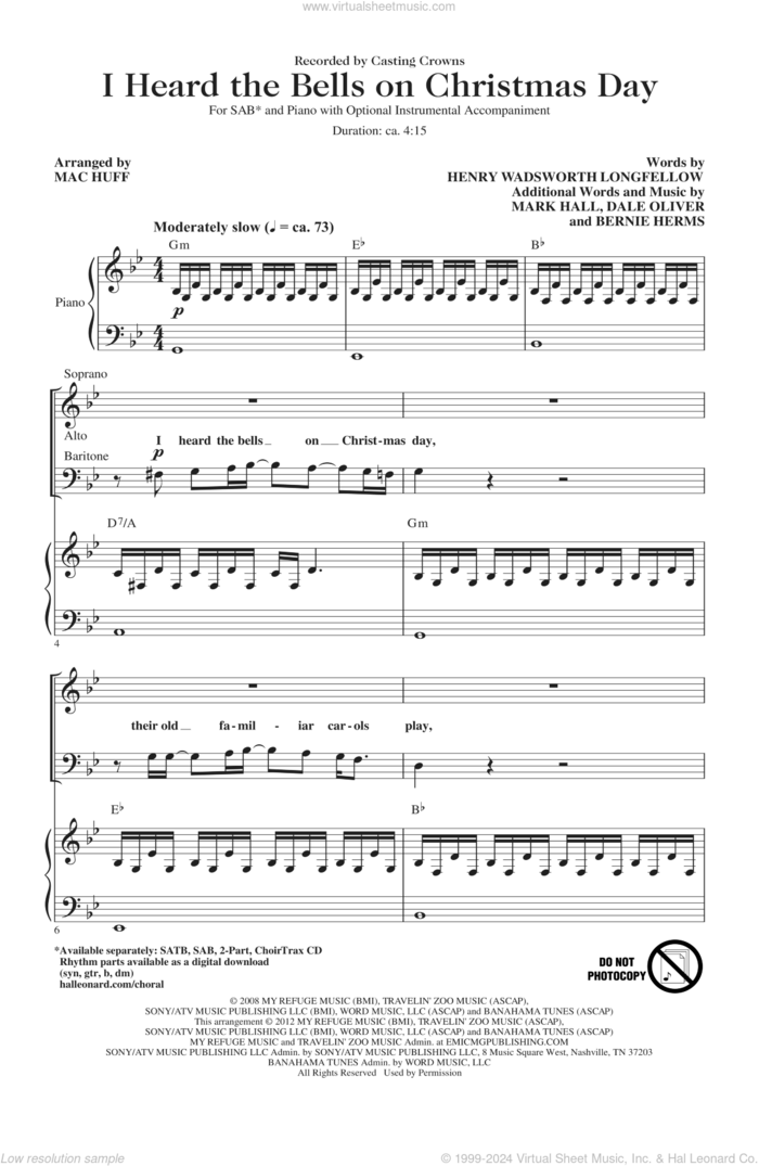 I Heard The Bells On Christmas Day sheet music for choir (SAB: soprano, alto, bass) by Mac Huff, Bernie Herms, Dale Oliver, Mark Hall, Casting Crowns and Henry Wadsworth Longfellow, intermediate skill level