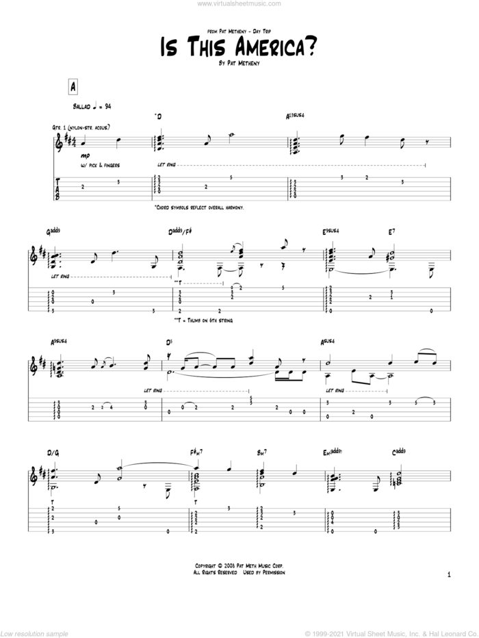 Is This America? sheet music for guitar (tablature) by Pat Metheny, intermediate skill level