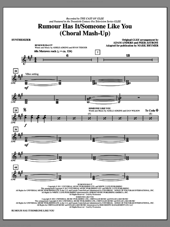 Rumour Has It / Someone Like You (complete set of parts) sheet music for orchestra/band (Rhythm) by Mark Brymer, Adele Adkins, Dan Wilson, Ryan Tedder, Adam Anders, Adele, Glee Cast, Miscellaneous and Peer Astrom, intermediate skill level