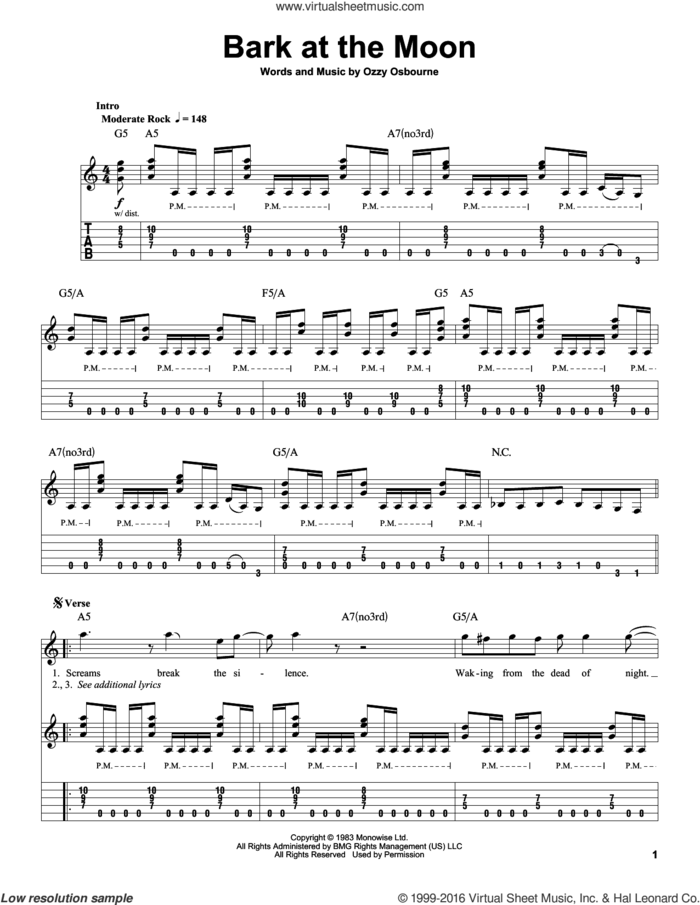 Bark At The Moon sheet music for guitar (tablature, play-along) by Ozzy Osbourne and Guitar Hero, intermediate skill level