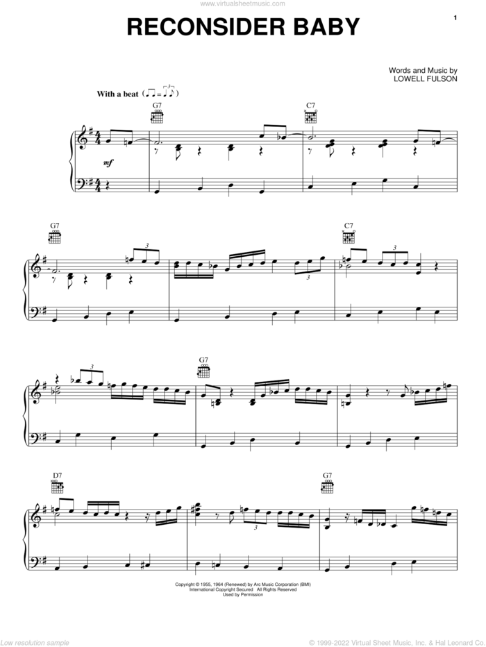Reconsider Baby sheet music for voice, piano or guitar by Elvis Presley and Lowell Fulson, intermediate skill level