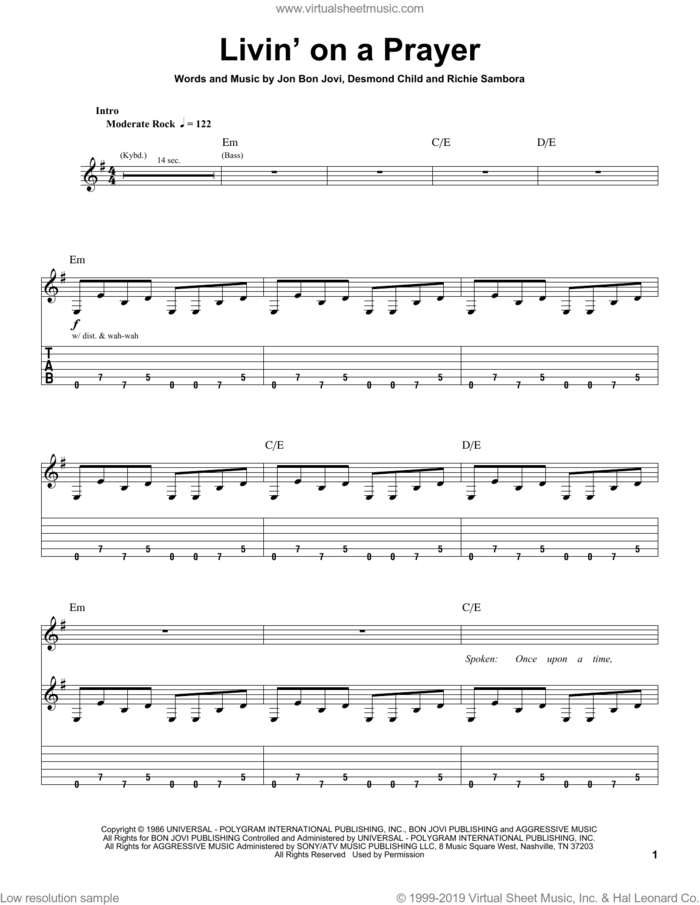 Livin' On A Prayer sheet music for guitar (tablature, play-along) by Bon Jovi, Desmond Child and Richie Sambora, intermediate skill level