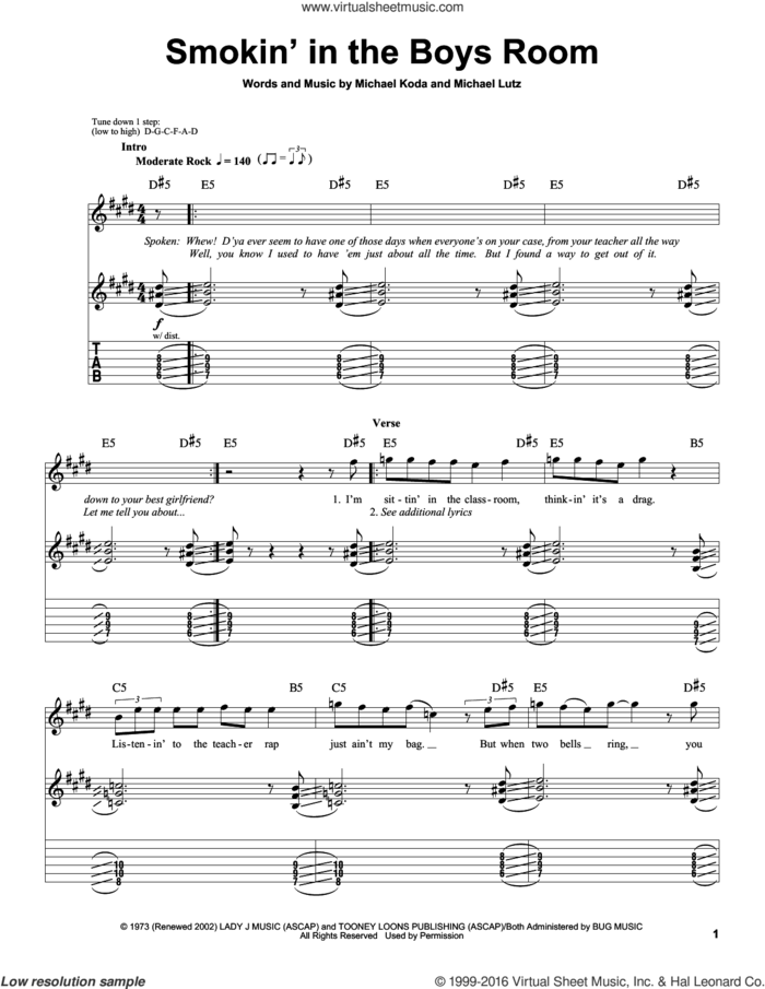 Smokin' In The Boys Room sheet music for guitar (tablature, play-along) by Motley Crue, Brownsville Station, Michael Koda and Michael Lutz, intermediate skill level