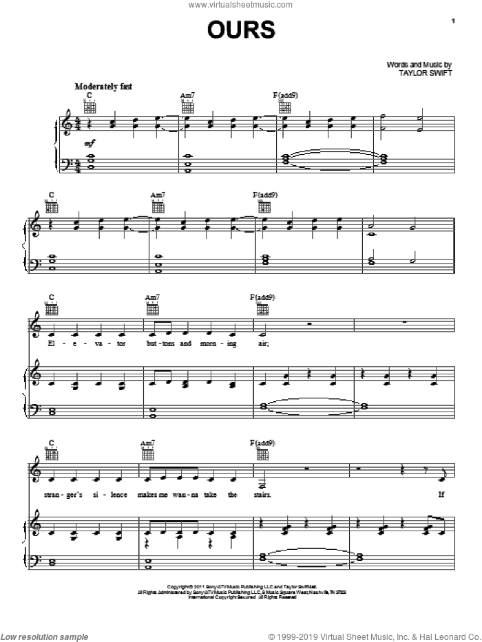 Ours sheet music for voice, piano or guitar by Taylor Swift, intermediate skill level