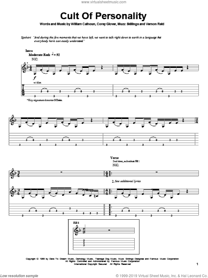 Cult Of Personality sheet music for guitar (tablature, play-along) by Living Colour, Corey Glover, Manuel Skillings, Vernon Reid and Will Calhoun, intermediate skill level