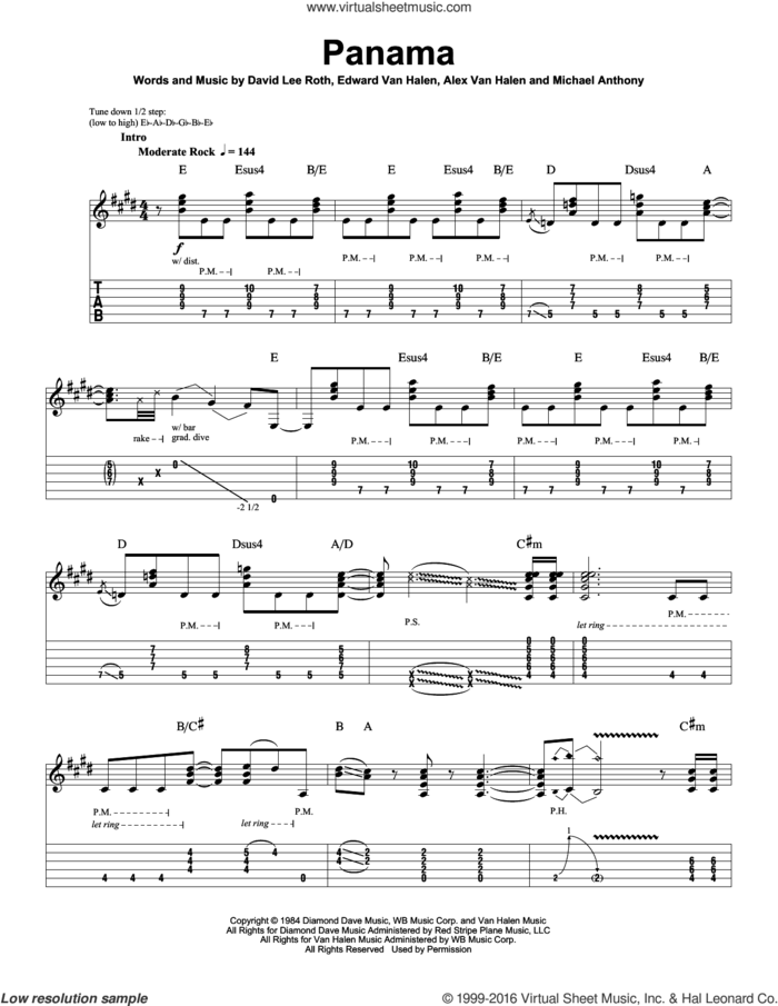 Panama sheet music for guitar (tablature, play-along) by Edward Van Halen, Alex Van Halen and David Lee Roth, intermediate skill level