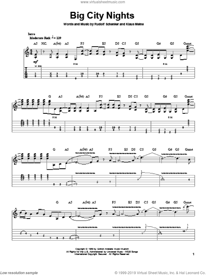 Big City Nights sheet music for guitar (tablature, play-along) by Scorpions, Klaus Meine and Rudolf Schenker, intermediate skill level