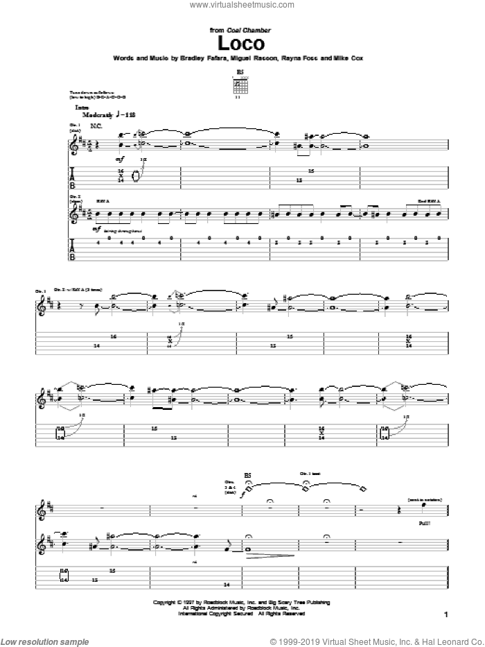 Loco sheet music for guitar (tablature) by Coal Chamber, Bradley Fafara, Miguel Rascon, Mike Cox and Rayna Foss, intermediate skill level