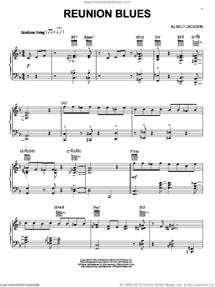 Reunion Blues sheet music for piano solo by Modern Jazz Quartet and Milt Jackson, intermediate skill level