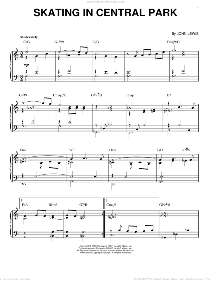 Skating In Central Park (arr. Brent Edstrom) sheet music for piano solo by Modern Jazz Quartet and John Lewis, intermediate skill level