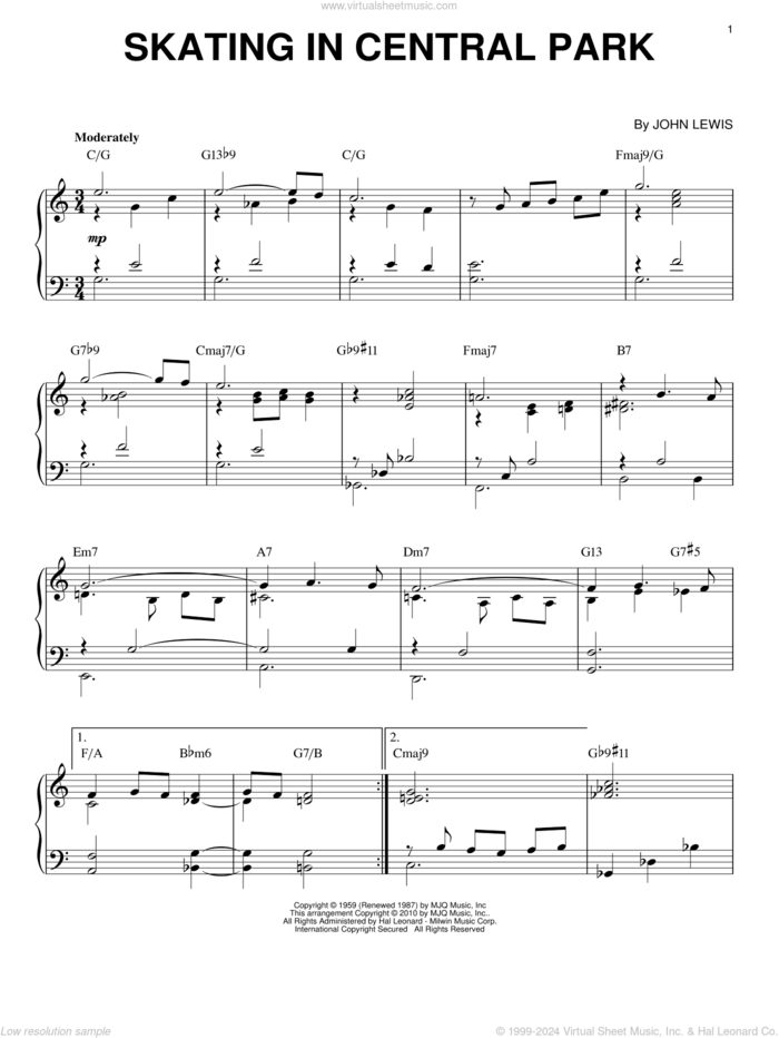 Skating In Central Park (arr. Brent Edstrom) sheet music for piano solo by Modern Jazz Quartet and John Lewis, intermediate skill level