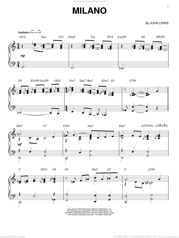 Milano (arr. Brent Edstrom) sheet music for piano solo by Modern Jazz Quartet and John Lewis, intermediate skill level